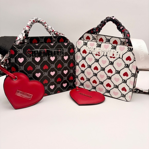 Set of 2 Steve Madden Bevelyn Valentines Heart Satchel Bags PurseCharm Blk Wht